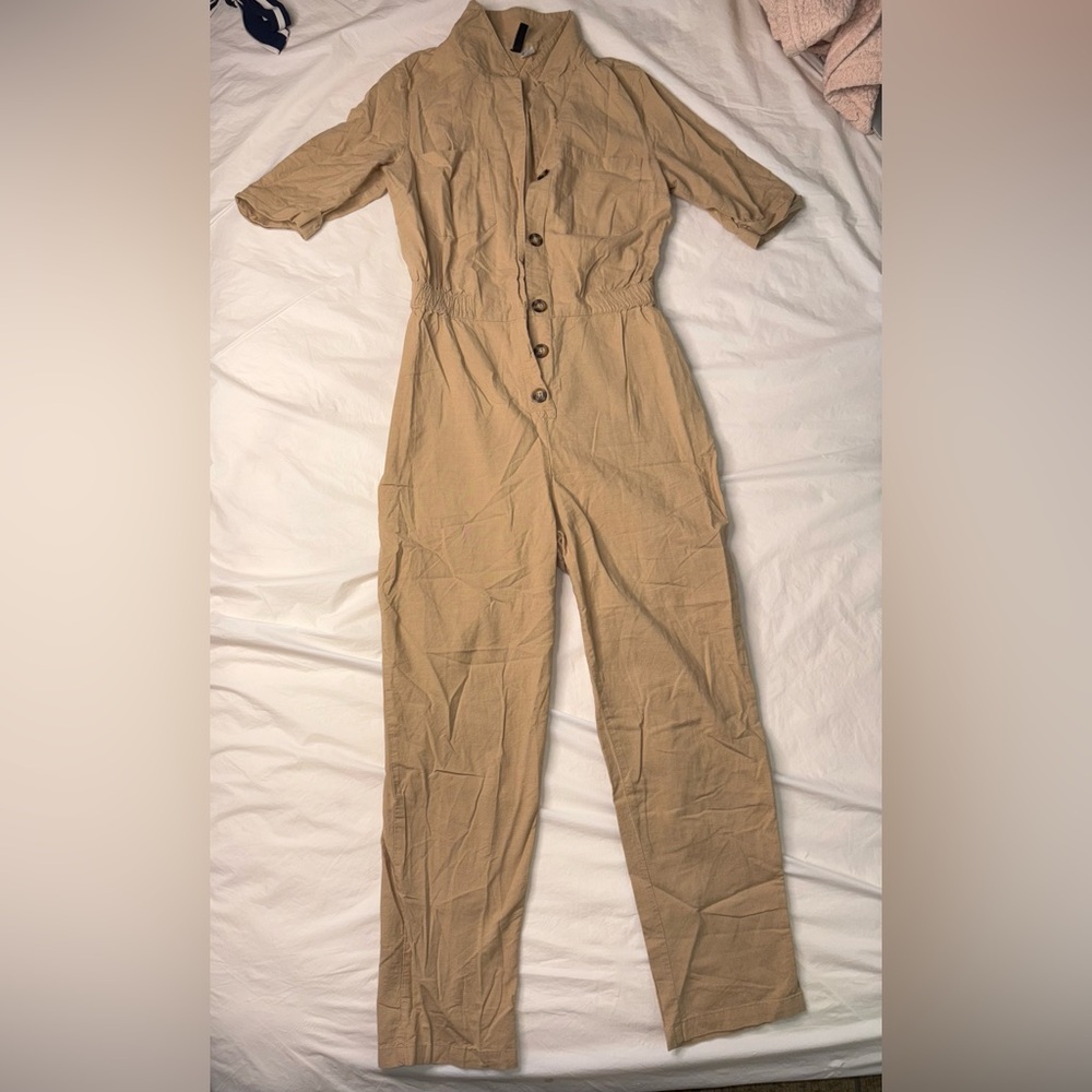 H&M Beige Button-Front Jumpsuit